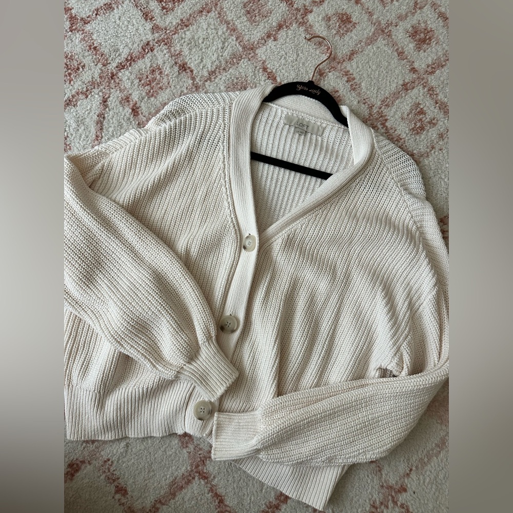 LOFT Cream Button-Front Ribbed Cardigan - Picture 3 of 3
